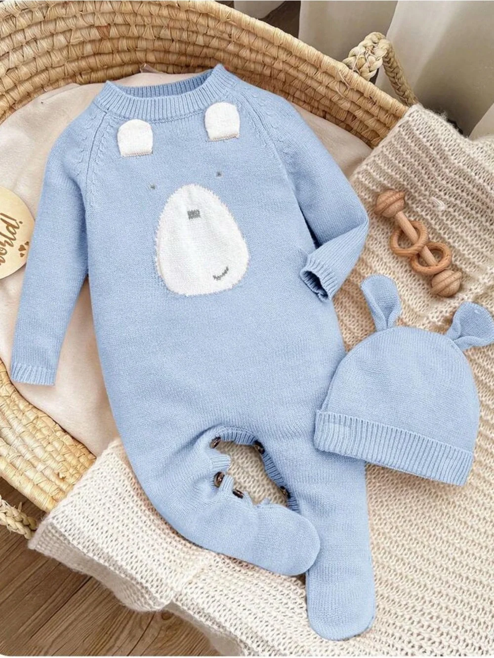 Blue Bear Knit One-Piece with Hat - Baby